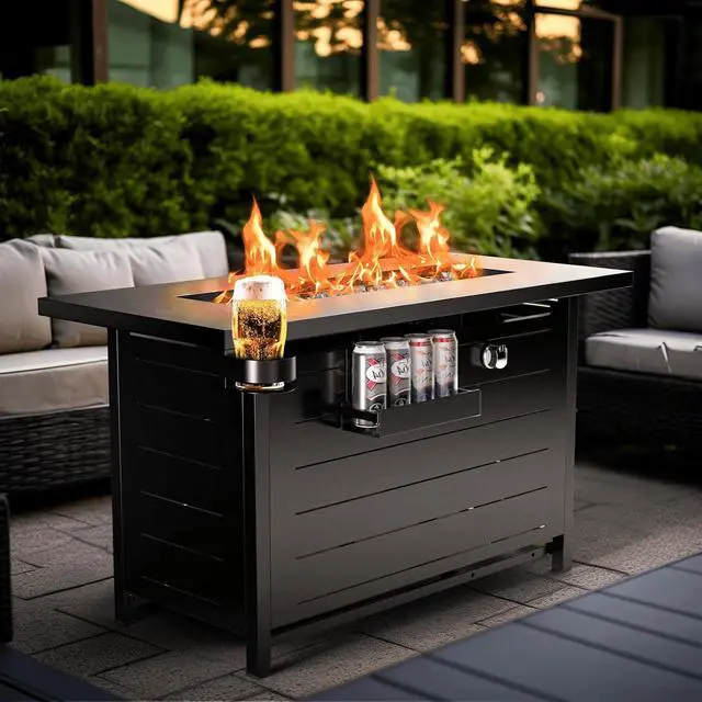 Main image of 43" Propane Fire Pits for Outside 60,000 BTU Gas Fire Pit Table for Outside with Lid, Glass Beads, Cup Holders, Hanging Shelf & Nylon Cover, Rectangle