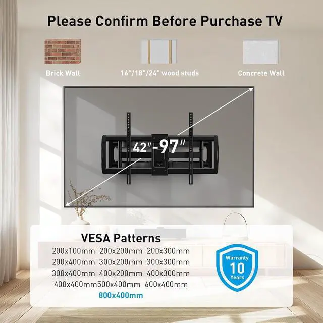 Alt view image 6 of 7 - Full Motion TV Wall Mount Bracket, Swivel Articulating TV Mount, Fits for 50-90 inch 4K Flat Curved TVs, Holds up to 150 lbs, Max 800x400mm,Fits 16/18/24 Wood Studs