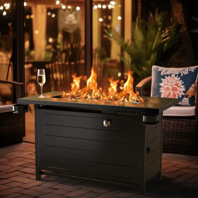 Alt view image 2 of 7 - 43" Propane Fire Pits for Outside 60,000 BTU Gas Fire Pit Table for Outside with Lid, Glass Beads, Cup Holders, Hanging Shelf & Nylon Cover, Rectangle