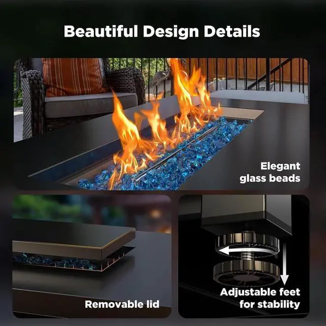 Alt view image 3 of 7 - 43" Propane Fire Pits for Outside 60,000 BTU Gas Fire Pit Table for Outside with Lid, Glass Beads, Cup Holders, Hanging Shelf & Nylon Cover, Rectangle