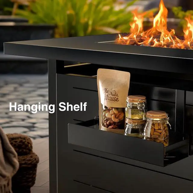 Alt view image 7 of 7 - 43" Propane Fire Pits for Outside 60,000 BTU Gas Fire Pit Table for Outside with Lid, Glass Beads, Cup Holders, Hanging Shelf & Nylon Cover, Rectangle