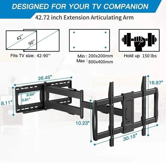 Alt view image 6 of 7 - Full Motion Long Arm TV Wall Mount for 42-90 inch TVs, Corner Articulating TV Mount Bracket with 42.72 inch Long Arm Extension, Swivel and Tilt, Max 800x400mm, Holds up to 150 lbs