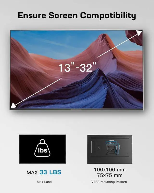 Alt view image 3 of 7 - Full Motion TV Wall Mount Brackets for 13-32 Inch TVs, 360° Rotation TV Mount Great for RV's and Campers Max 100x100mm, Hold up to 33 LBS