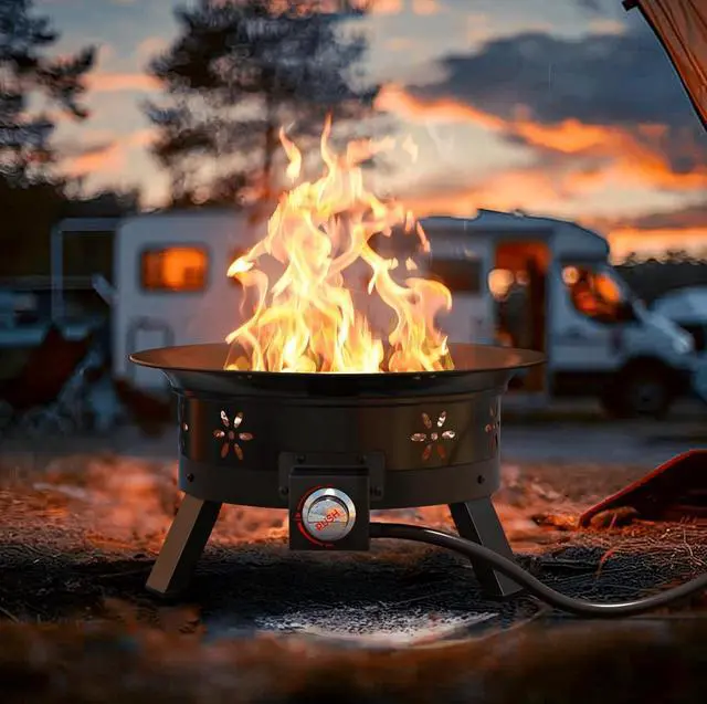 Alt view image 4 of 7 - 19 inch Portable Fire Pits with Grill for Outside 58000 BTU Gas Fire Bowl with Foldable Legs & Lid & Carry Kit & Lava Rock Stone