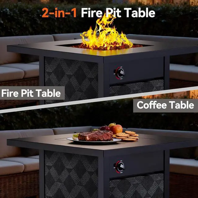 Alt view image 3 of 7 - 28" Propane Fire Pit, 50,000 BTU Square Gas Fire Pit Table for Patio Garden Party with Lava Rocks, Removable Lid, CSA-Certified