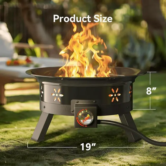 Alt view image 5 of 7 - 19 inch Portable Fire Pits with Grill for Outside 58000 BTU Gas Fire Bowl with Foldable Legs & Lid & Carry Kit & Lava Rock Stone