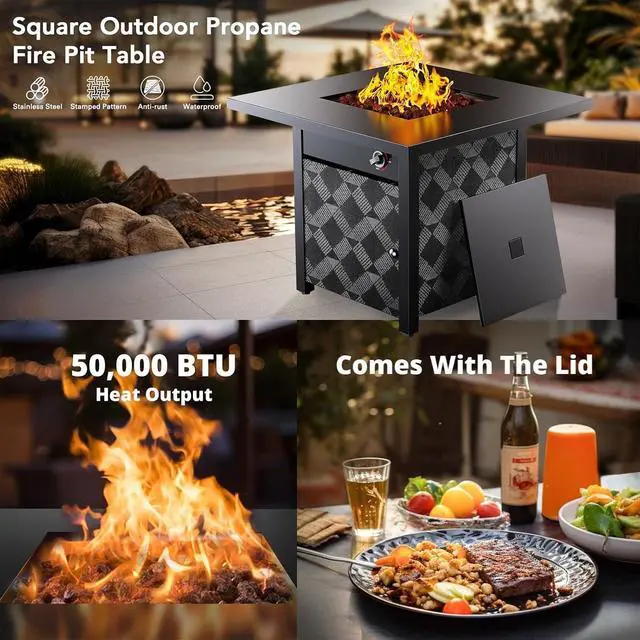 Alt view image 5 of 7 - 28" Propane Fire Pit, 50,000 BTU Square Gas Fire Pit Table for Patio Garden Party with Lava Rocks, Removable Lid, CSA-Certified
