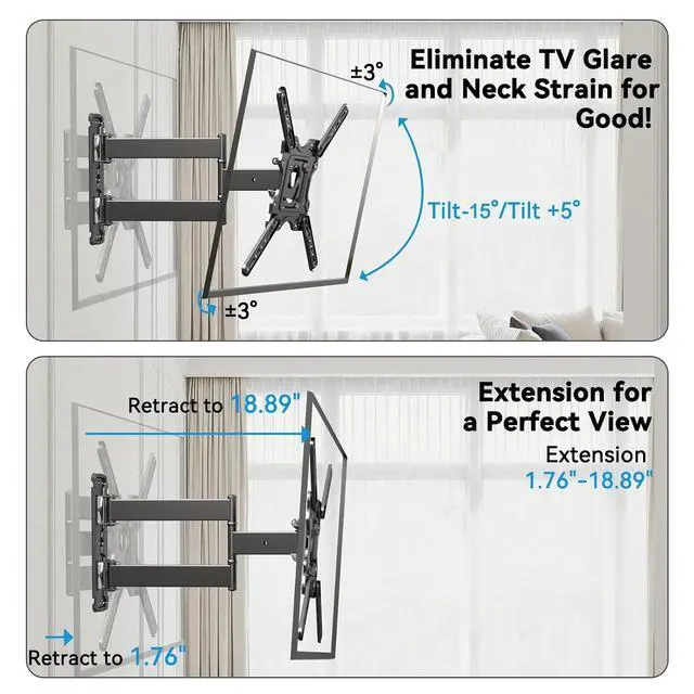 Alt view image 5 of 7 - Full Motion TV Wall Mount Bracket for 26-65 inch TVs, Corner TV Wall Mount Bracket with Extension, Tilt, Swivel, Leveling, Max 400 * 400mm, Holds up to 77 lbs, Single Wood Studs