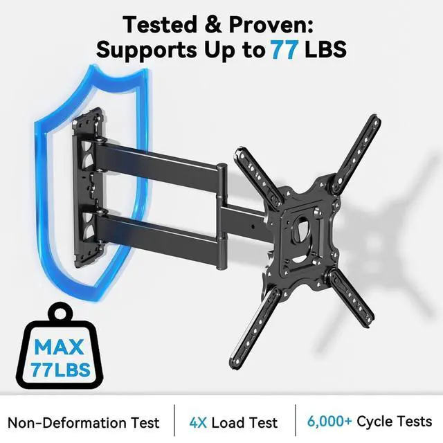 Alt view image 6 of 7 - Full Motion TV Wall Mount Bracket for 26-65 inch TVs, Corner TV Wall Mount Bracket with Extension, Tilt, Swivel, Leveling, Max 400 * 400mm, Holds up to 77 lbs, Single Wood Studs