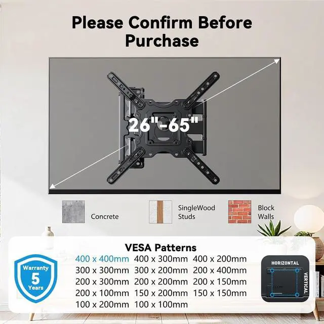 Alt view image 7 of 7 - Full Motion TV Wall Mount Bracket for 26-65 inch TVs, Corner TV Wall Mount Bracket with Extension, Tilt, Swivel, Leveling, Max 400 * 400mm, Holds up to 77 lbs, Single Wood Studs