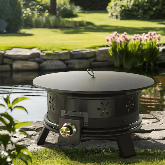 Alt view image 3 of 7 - 19 inch Portable Fire Pits with Grill for Outside 58000 BTU Gas Fire Bowl with Foldable Legs & Lid & Carry Kit & Lava Rock Stone