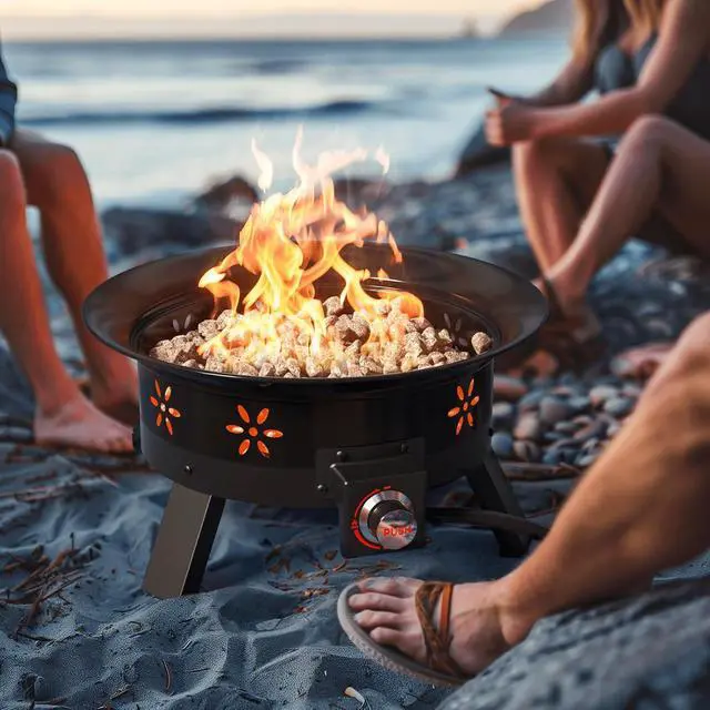 Alt view image 7 of 7 - 19 inch Portable Fire Pits with Grill for Outside 58000 BTU Gas Fire Bowl with Foldable Legs & Lid & Carry Kit & Lava Rock Stone