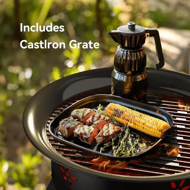 Alt view image 2 of 7 - 19 inch Portable Fire Pits with Grill for Outside 58000 BTU Gas Fire Bowl with Foldable Legs & Lid & Carry Kit & Lava Rock Stone