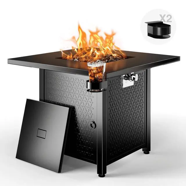 Alt view image 2 of 7 - 28 Inch Propane Fire Pits with Cup Holders, 50000 BTU Steel Gas Fire Pit Table with Lid and Lava Rock for Outdoor