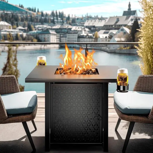 Alt view image 5 of 7 - 28 Inch Propane Fire Pits with Cup Holders, 50000 BTU Steel Gas Fire Pit Table with Lid and Lava Rock for Outdoor