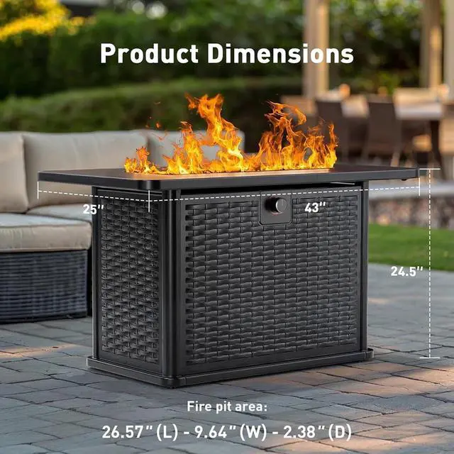 Alt view image 3 of 7 - 43" Rectangular Propane Fire Pit Table - 60,000 BTU Gas Fire Pit with Waterproof Cover & Lava Rocks for Outdoor Garden, Deck, Backyard, CSA-Certified