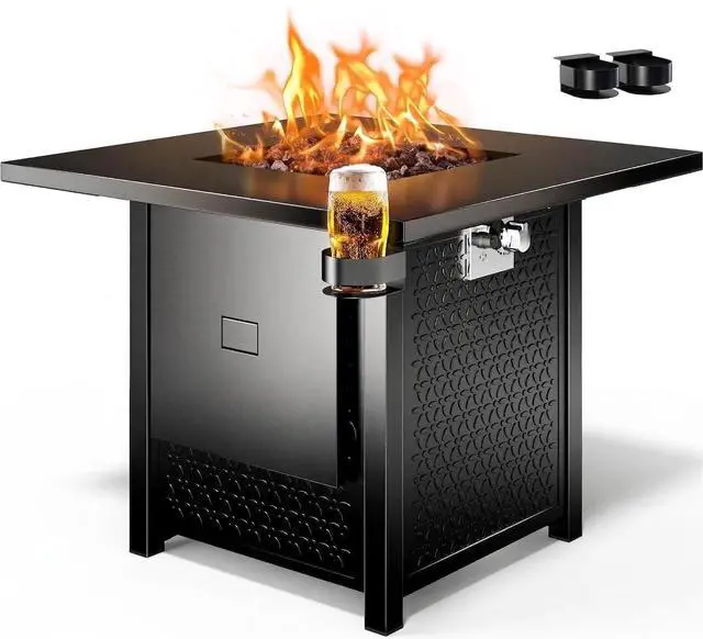Main image of 32" Gas Fire Pits with Cup Holders for Outside, 50,000 BTU Propane Fire Pit Table with Lid and Lava Rock, Black