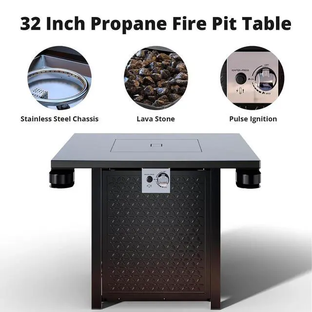 Alt view image 3 of 7 - 32" Gas Fire Pits with Cup Holders for Outside, 50,000 BTU Propane Fire Pit Table with Lid and Lava Rock, Black
