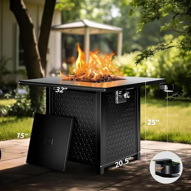 Alt view image 6 of 7 - 32" Gas Fire Pits with Cup Holders for Outside, 50,000 BTU Propane Fire Pit Table with Lid and Lava Rock, Black