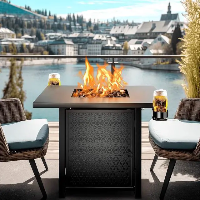 Alt view image 2 of 7 - 32" Gas Fire Pits with Cup Holders for Outside, 50,000 BTU Propane Fire Pit Table with Lid and Lava Rock, Black