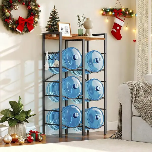 Alt view image 2 of 7 - 5 Gallon Water Jug Holder 6 Bottles, Water Jug Rack, 3 Tier Water Bottle Holder with X-Shape Reinforcement, for Kitchen, Living Room, Office, Rustic Brown and Black BF03ST01