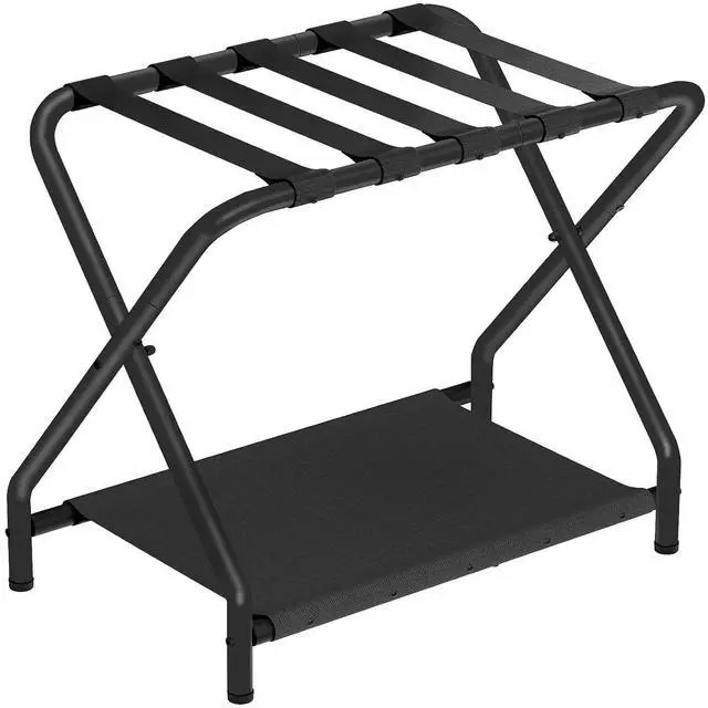 Main image of Luggage Rack, Folding Suitcase Stand with Fabric Storage Shelf for Guest Room, Bedroom, Hotel, Holds up to 100 lb, 27 x 15.3 x 22 Inches, Space Saving, Black BK04XL01