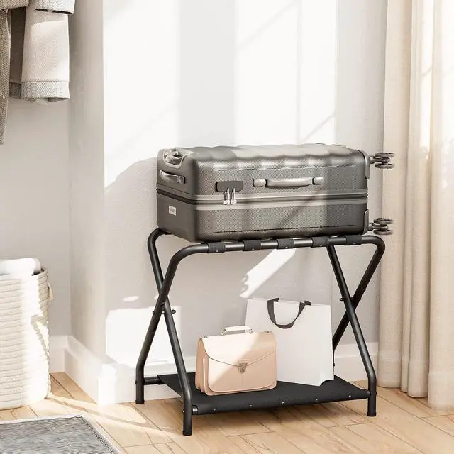 Alt view image 3 of 7 - Luggage Rack, Folding Suitcase Stand with Fabric Storage Shelf for Guest Room, Bedroom, Hotel, Holds up to 100 lb, 27 x 15.3 x 22 Inches, Space Saving, Black BK04XL01