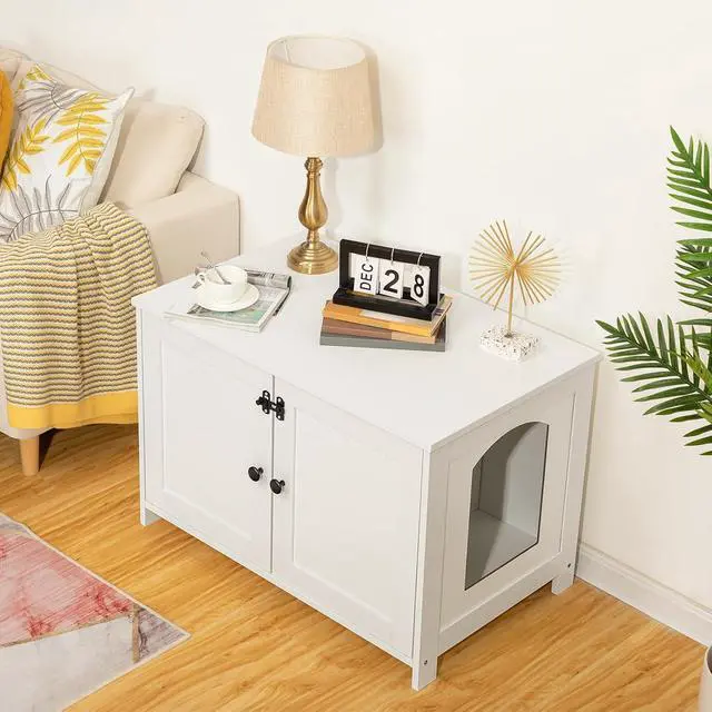 Alt view image 2 of 7 - Litter Box Enclosure, Cat Litter Box Furniture with Removable Divider, Large Hidden Litter Box Furniture, Wooden Cat House, End Side Table, 31" L x 17.5" W x 19.7" H, White WT03MW01G2