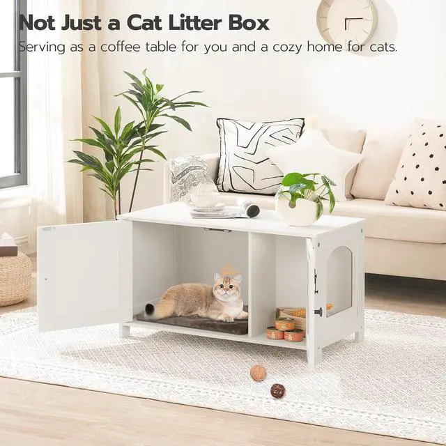 Alt view image 3 of 7 - Litter Box Enclosure, Cat Litter Box Furniture with Removable Divider, Large Hidden Litter Box Furniture, Wooden Cat House, End Side Table, 31" L x 17.5" W x 19.7" H, White WT03MW01G2