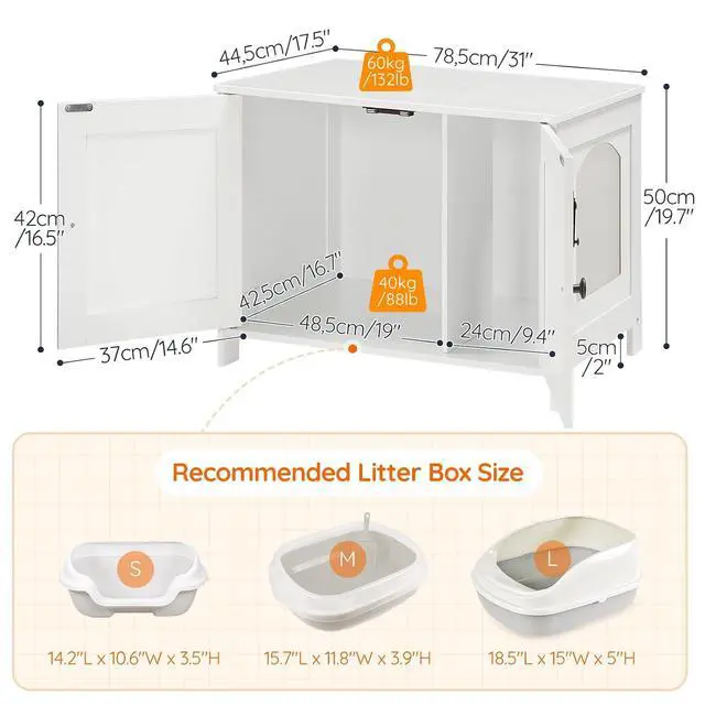 Alt view image 4 of 7 - Litter Box Enclosure, Cat Litter Box Furniture with Removable Divider, Large Hidden Litter Box Furniture, Wooden Cat House, End Side Table, 31" L x 17.5" W x 19.7" H, White WT03MW01G2