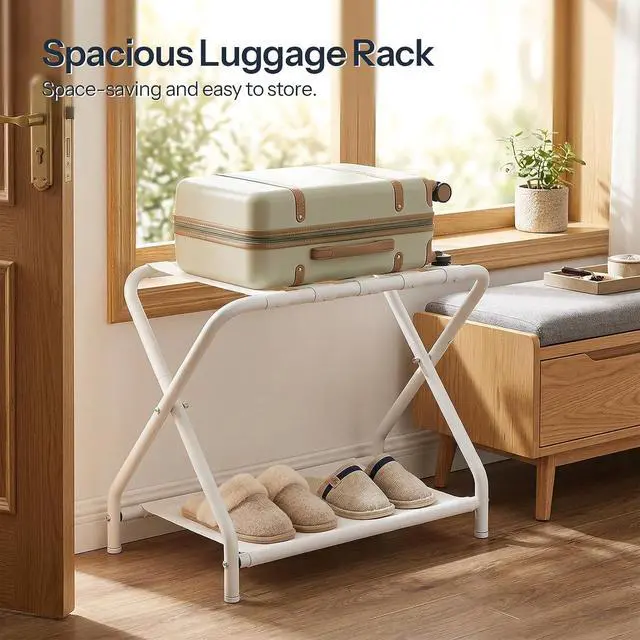 Alt view image 2 of 7 - Luggage Rack, Pack of 2, Folding Suitcase Stand with Fabric Storage Shelf for Guest Room, Bedroom, Hotel, Holds up to 100 lb, 27 x 15.3 x 22 Inches, Space Saving, White WT04XLP201