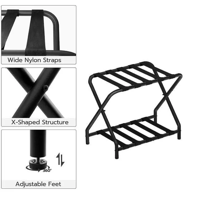 Alt view image 6 of 7 - Luggage Rack, Folding Suitcase Stand with Fabric Storage Shelf for Guest Room, Bedroom, Hotel, Holds up to 100 lb, 27 x 15.3 x 22 Inches, Space Saving, Black BK04XL01