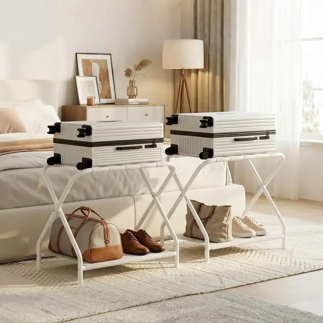 Alt view image 3 of 7 - Luggage Rack, Pack of 2, Folding Suitcase Stand with Fabric Storage Shelf for Guest Room, Bedroom, Hotel, Holds up to 100 lb, 27 x 15.3 x 22 Inches, Space Saving, White WT04XLP201