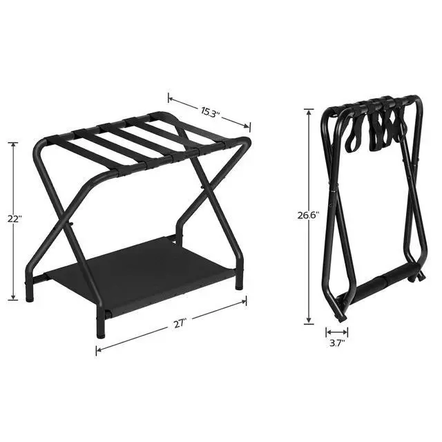 Alt view image 5 of 7 - Luggage Rack, Folding Suitcase Stand with Fabric Storage Shelf for Guest Room, Bedroom, Hotel, Holds up to 100 lb, 27 x 15.3 x 22 Inches, Space Saving, Black BK04XL01