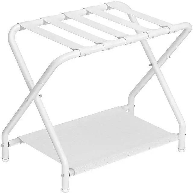 Main image of Luggage Rack, Folding Suitcase Stand with Fabric Storage Shelf for Guest Room, Bedroom, Hotel, Holds up to 100 lb, 27 x 15.3 x 22 Inches, Space Saving, White WT04XL01