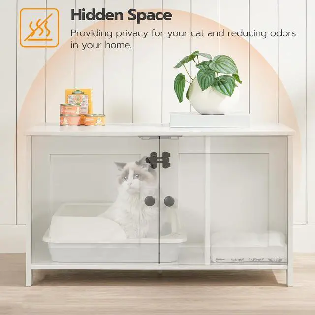 Alt view image 7 of 7 - Litter Box Enclosure, Cat Litter Box Furniture with Removable Divider, Large Hidden Litter Box Furniture, Wooden Cat House, End Side Table, 31" L x 17.5" W x 19.7" H, White WT03MW01G2