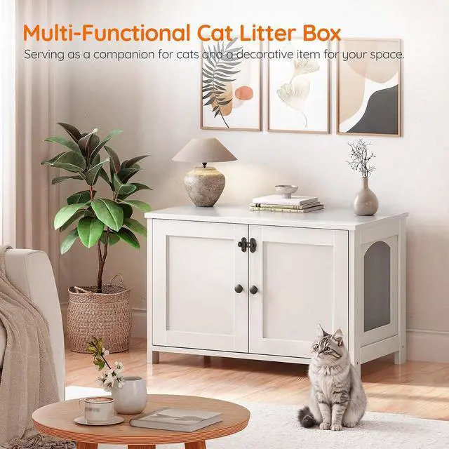 Alt view image 5 of 7 - Litter Box Enclosure, Cat Litter Box Furniture with Removable Divider, Large Hidden Litter Box Furniture, Wooden Cat House, End Side Table, 31" L x 17.5" W x 19.7" H, White WT03MW01G2