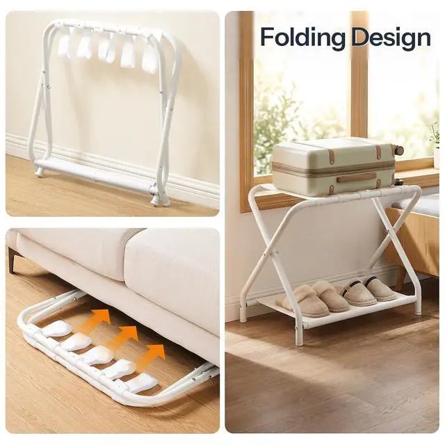Alt view image 4 of 7 - Luggage Rack, Pack of 2, Folding Suitcase Stand with Fabric Storage Shelf for Guest Room, Bedroom, Hotel, Holds up to 100 lb, 27 x 15.3 x 22 Inches, Space Saving, White WT04XLP201