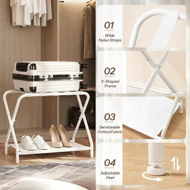 Alt view image 5 of 7 - Luggage Rack, Pack of 2, Folding Suitcase Stand with Fabric Storage Shelf for Guest Room, Bedroom, Hotel, Holds up to 100 lb, 27 x 15.3 x 22 Inches, Space Saving, White WT04XLP201