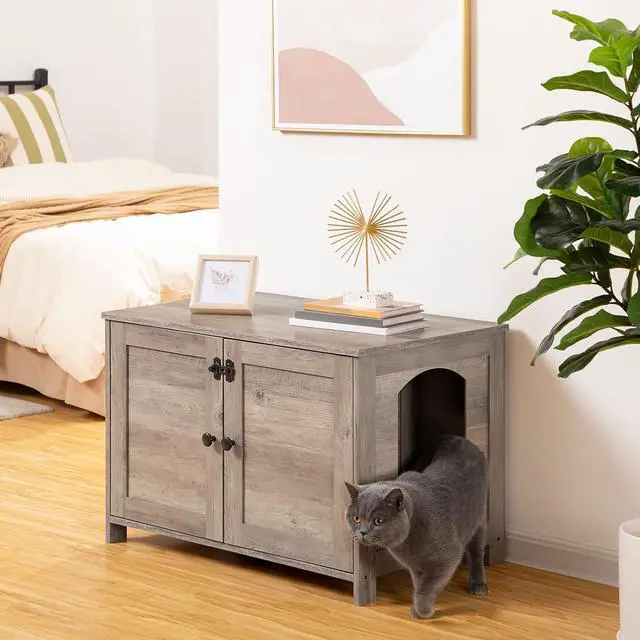 Alt view image 3 of 7 - Litter Box Enclosure, Cat Litter Box Furniture with Removable Divider, Large Hidden Litter Box Furniture, Wooden Cat House, End Side Table, 31" L x 17.5" W x 19.7" H, Greige BG03MW01G2