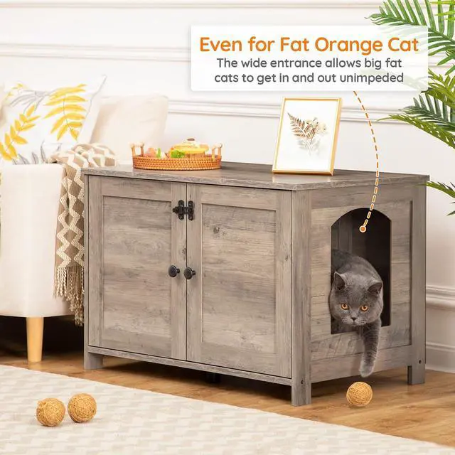 Alt view image 2 of 7 - Litter Box Enclosure, Cat Litter Box Furniture with Removable Divider, Large Hidden Litter Box Furniture, Wooden Cat House, End Side Table, 31" L x 17.5" W x 19.7" H, Greige BG03MW01G2