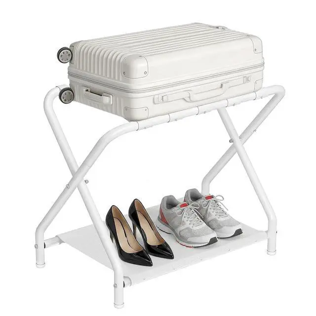 Alt view image 7 of 7 - Luggage Rack, Pack of 2, Folding Suitcase Stand with Fabric Storage Shelf for Guest Room, Bedroom, Hotel, Holds up to 100 lb, 27 x 15.3 x 22 Inches, Space Saving, White WT04XLP201