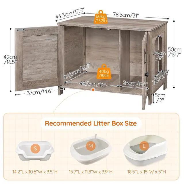 Alt view image 4 of 7 - Litter Box Enclosure, Cat Litter Box Furniture with Removable Divider, Large Hidden Litter Box Furniture, Wooden Cat House, End Side Table, 31" L x 17.5" W x 19.7" H, Greige BG03MW01G2