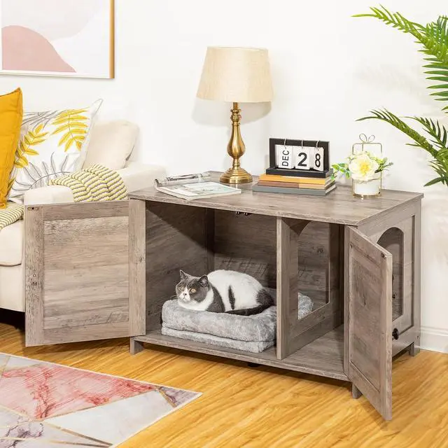 Alt view image 5 of 7 - Litter Box Enclosure, Cat Litter Box Furniture with Removable Divider, Large Hidden Litter Box Furniture, Wooden Cat House, End Side Table, 31" L x 17.5" W x 19.7" H, Greige BG03MW01G2