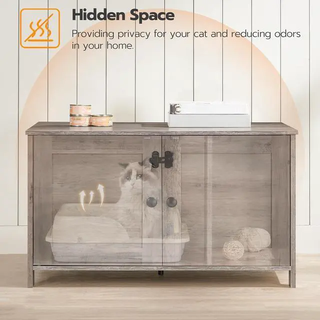 Alt view image 6 of 7 - Litter Box Enclosure, Cat Litter Box Furniture with Removable Divider, Large Hidden Litter Box Furniture, Wooden Cat House, End Side Table, 31" L x 17.5" W x 19.7" H, Greige BG03MW01G2