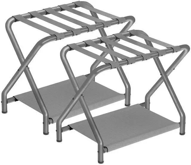 Main image of Luggage Rack, Pack of 2, Folding Suitcase Stand with Fabric Storage Shelf for Guest Room, Bedroom, Hotel, Holds up to 100 lb, 27 x 15.3 x 22 Inches, Space Saving, Gray GY04XLP201