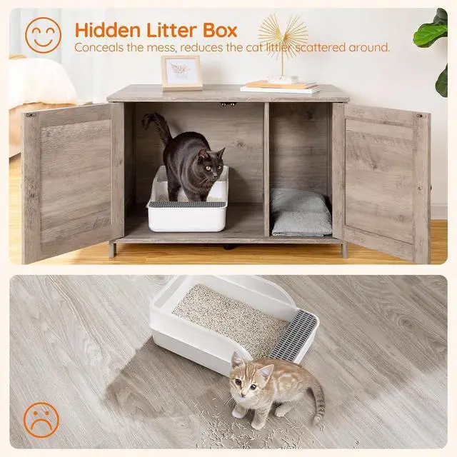 Alt view image 7 of 7 - Litter Box Enclosure, Cat Litter Box Furniture with Removable Divider, Large Hidden Litter Box Furniture, Wooden Cat House, End Side Table, 31" L x 17.5" W x 19.7" H, Greige BG03MW01G2