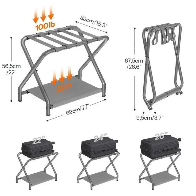 Alt view image 3 of 7 - Luggage Rack, Pack of 2, Folding Suitcase Stand with Fabric Storage Shelf for Guest Room, Bedroom, Hotel, Holds up to 100 lb, 27 x 15.3 x 22 Inches, Space Saving, Gray GY04XLP201