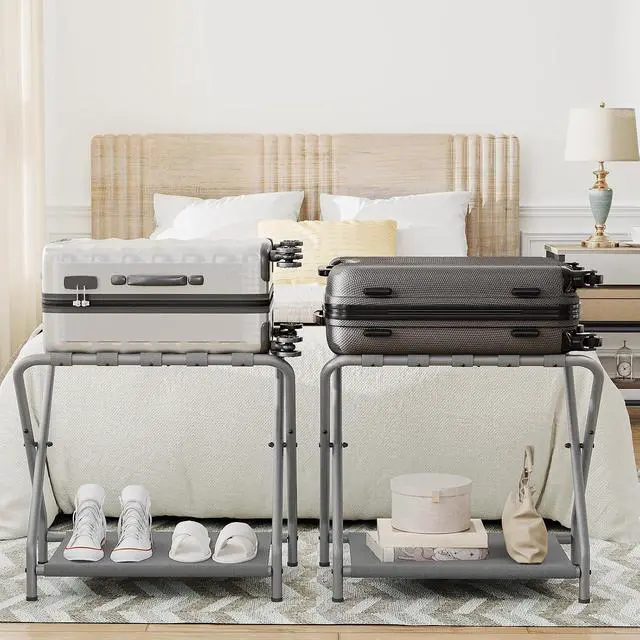 Alt view image 2 of 7 - Luggage Rack, Pack of 2, Folding Suitcase Stand with Fabric Storage Shelf for Guest Room, Bedroom, Hotel, Holds up to 100 lb, 27 x 15.3 x 22 Inches, Space Saving, Gray GY04XLP201