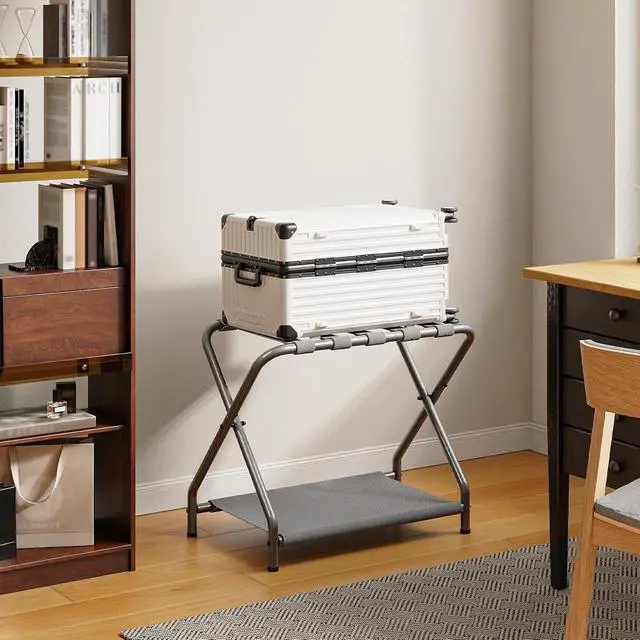 Alt view image 4 of 7 - Luggage Rack, Pack of 2, Folding Suitcase Stand with Fabric Storage Shelf for Guest Room, Bedroom, Hotel, Holds up to 100 lb, 27 x 15.3 x 22 Inches, Space Saving, Gray GY04XLP201
